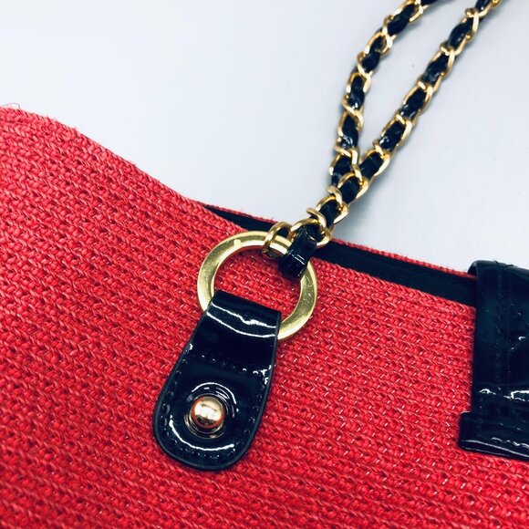 straw red handbag chain handle clasp lock zipper 5 pockets 2 handle 15x9x4" READ - Picture 8 of 11